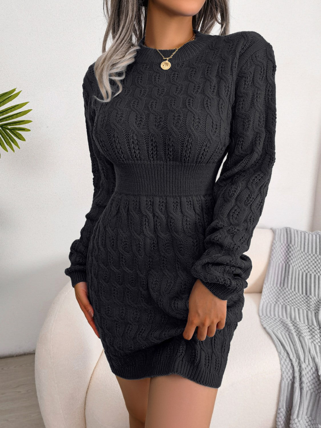 Cable-Knit Round Neck Dress