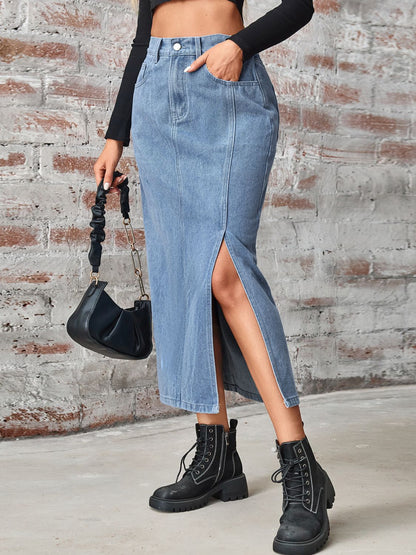 Slit High Waist Denim Skirt