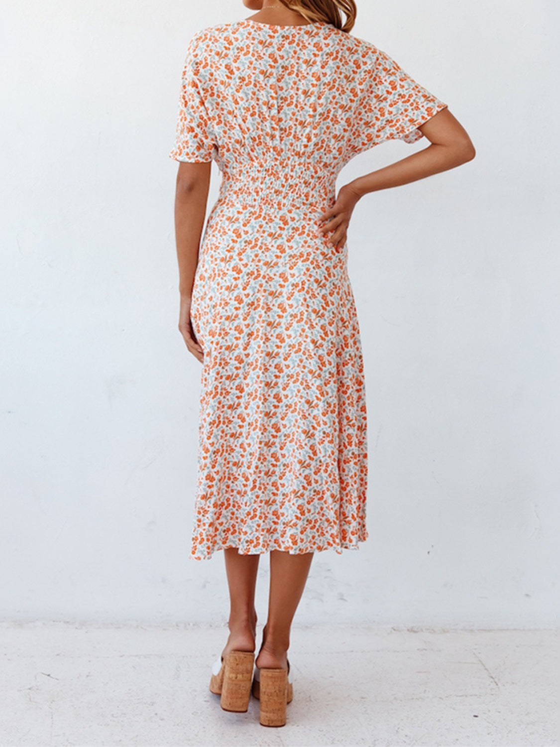 Ditsy Floral V-Neck Short Sleeve Midi Dress - Elegant Aura Boutique