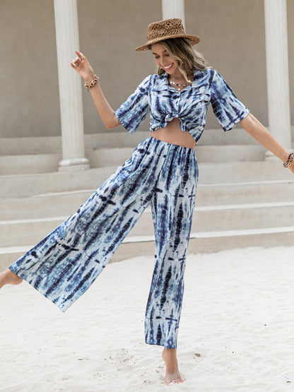 Printed Short Sleeve Shirt and Pants Set