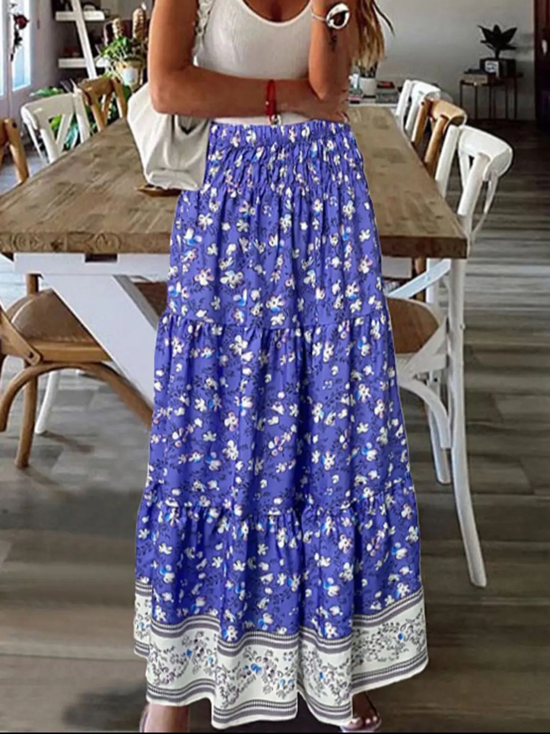 Full Size Tiered Printed Elastic Waist Skirt - Elegant Aura Boutique