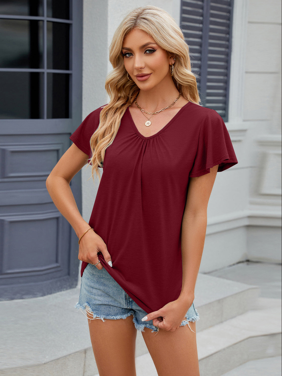 Ruched V-Neck Casual Tee