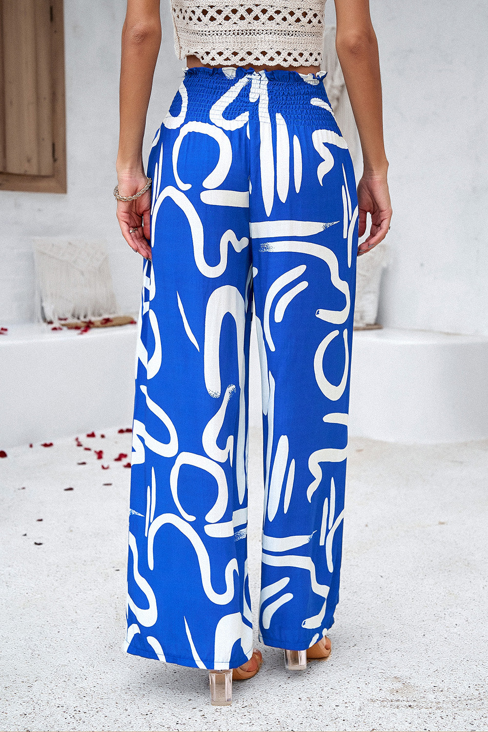 Asymetrical Printed Wide Leg Pants with Pockets - Elegant Aura Boutique