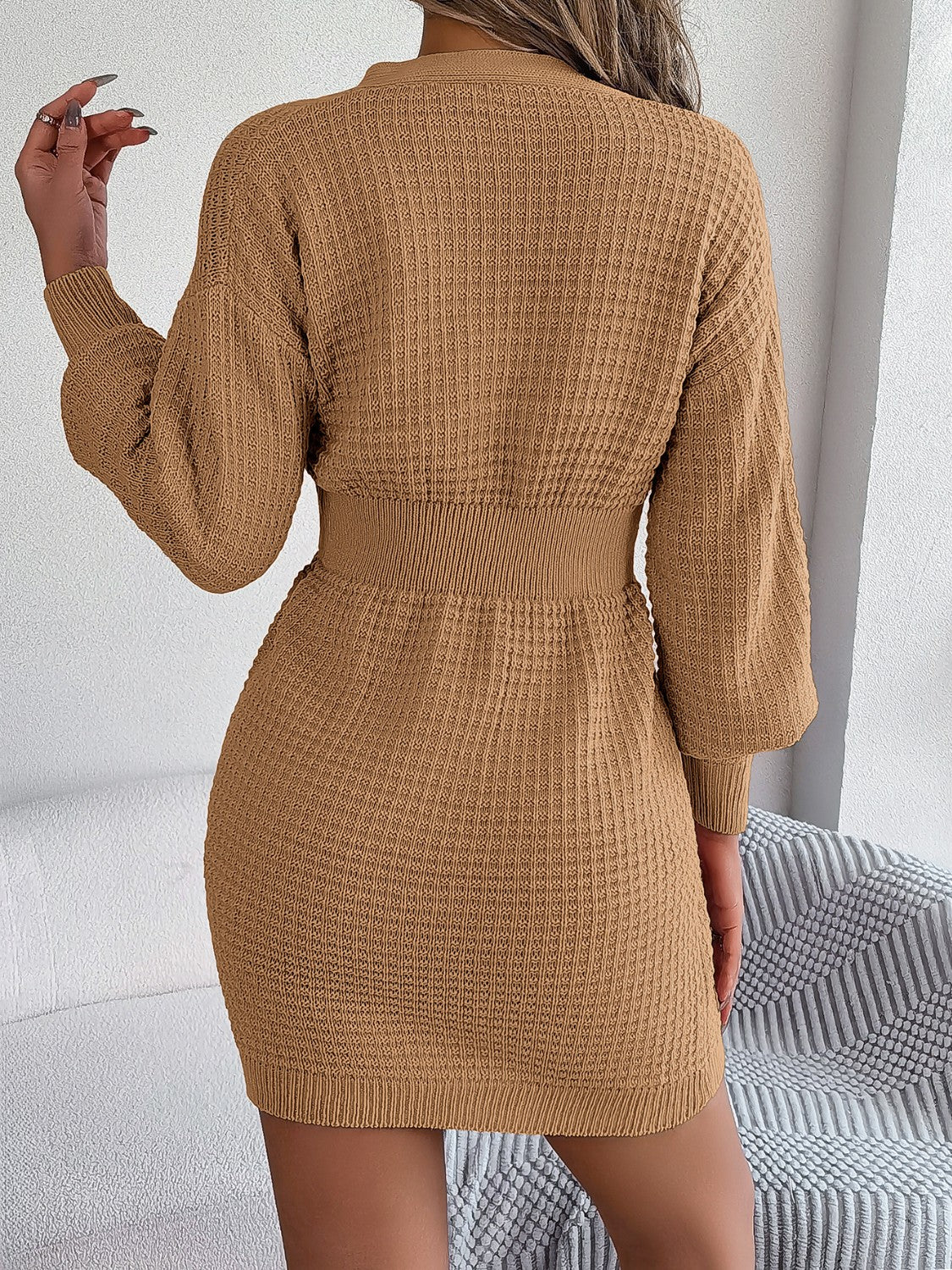 Buttoned Cable-Knit V-Neck Dress