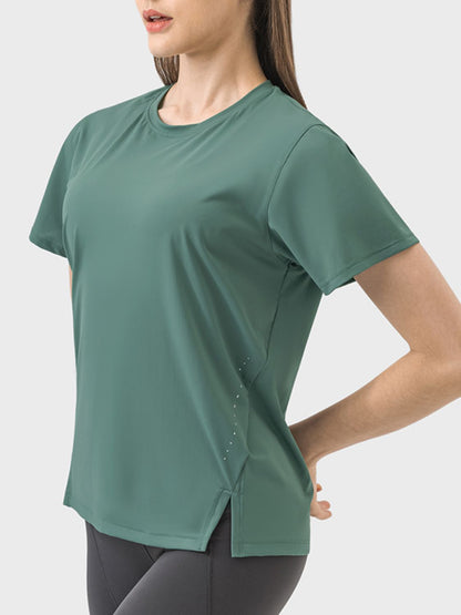 Slit Round Neck Short Sleeve Active Top