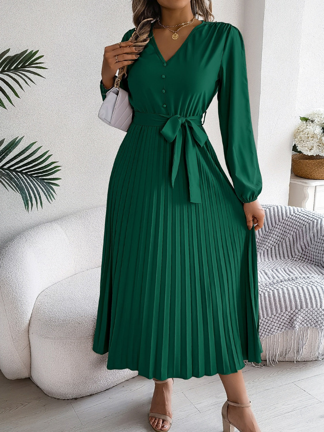 Pleated V-Neck Long Sleeve Dress