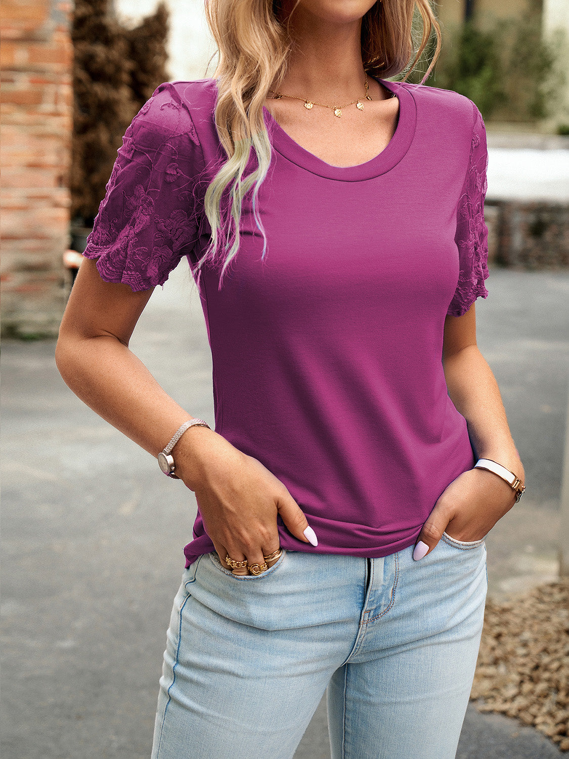 Elegant Lace Round Neck T-Shirt