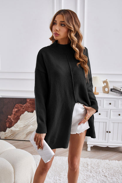 Mock Neck Slit Sweater