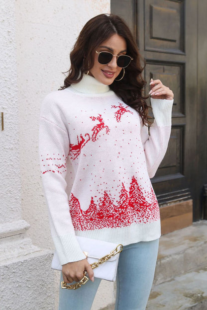 Reindeer & Snow Pattern Turtle Neck Sweater