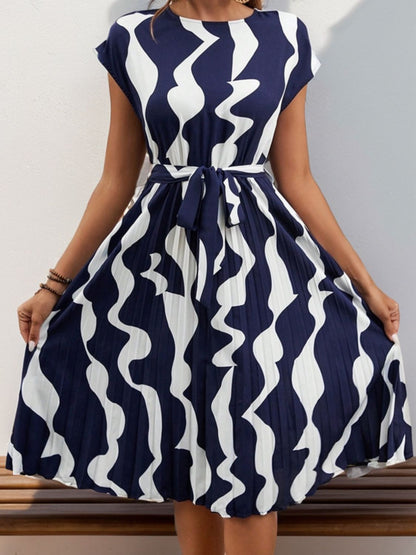 Pleated Printed Cap Sleeve Dress