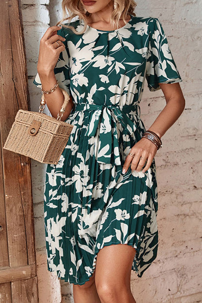 Floral Round Neck Pleated Dress