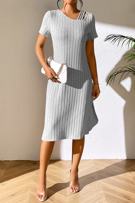 Front view of the Ivy Lane Ribbed Midi Dress, highlighting its flattering fit and asymmetrical neckline.