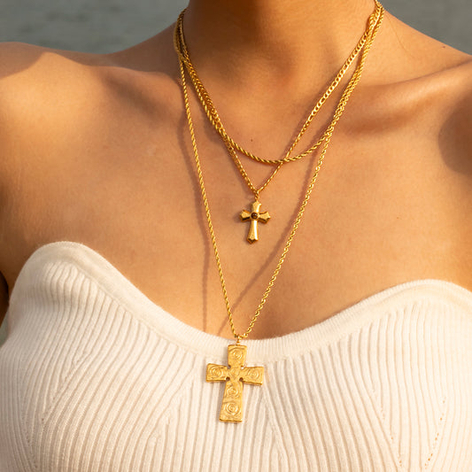 Luxe 18K Gold Plated Double Layered Cross Necklace featuring two cross pendants on layered chains.