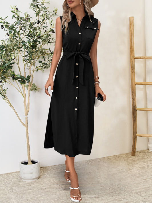 Front view of the Refined Button-Up Sleeveless Midi Dress with a button-up front and tailored silhouette.