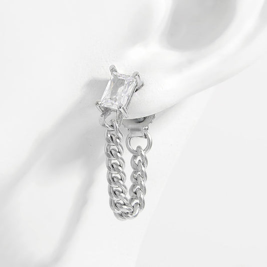 Sterling Silver Zircon Chain Earrings featuring a series of sparkling zircon stones set along a delicate sterling silver chain.