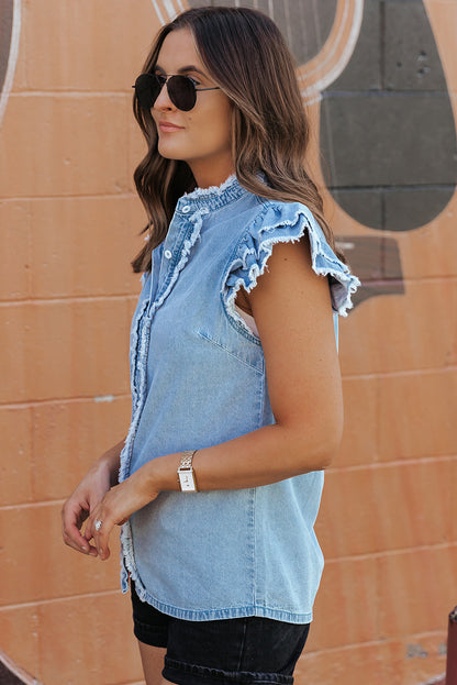 Raw Hem Button Up Denim Top