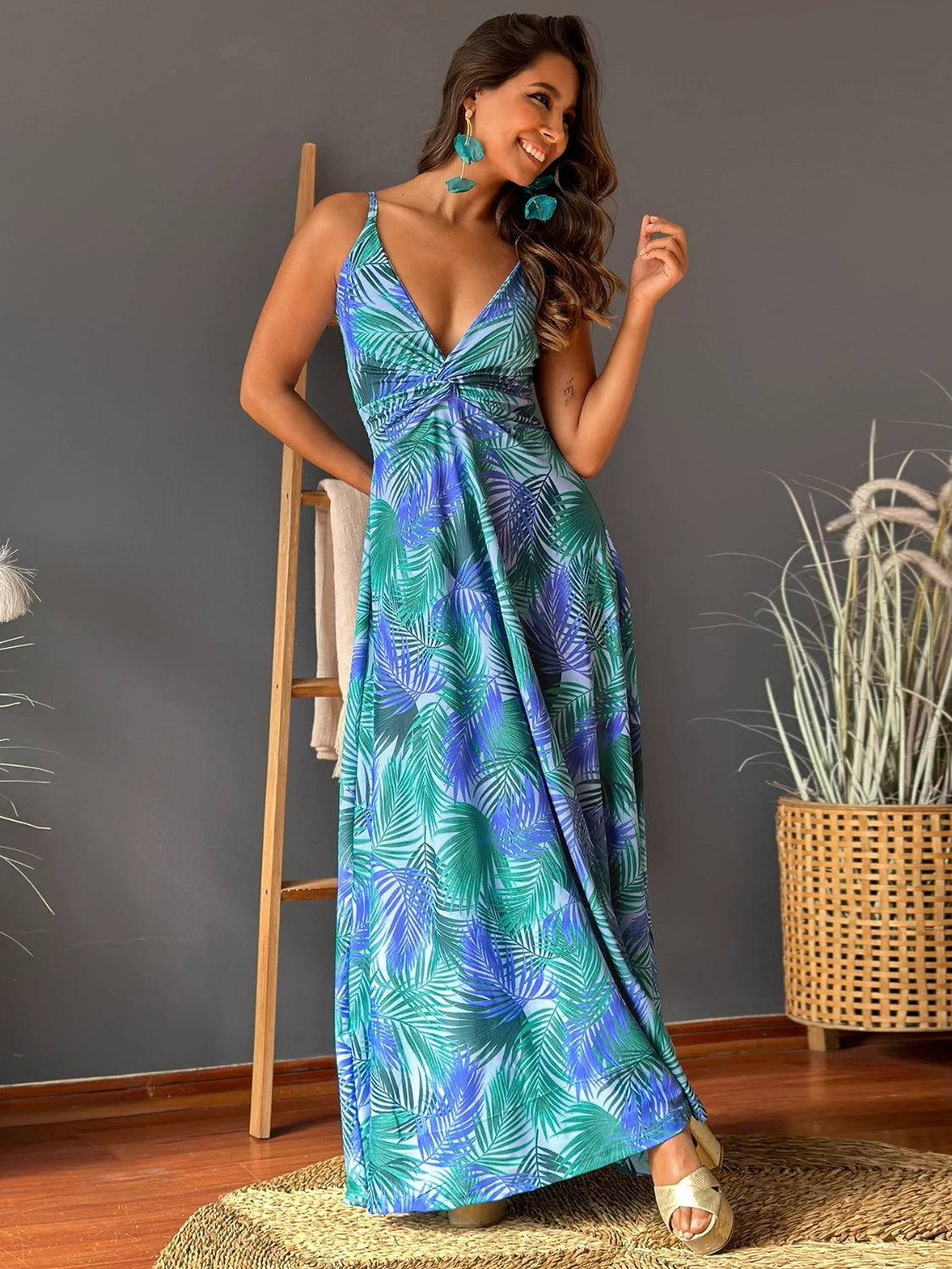 Twisted Printed V-Neck Cami Dress - Elegant Aura Boutique