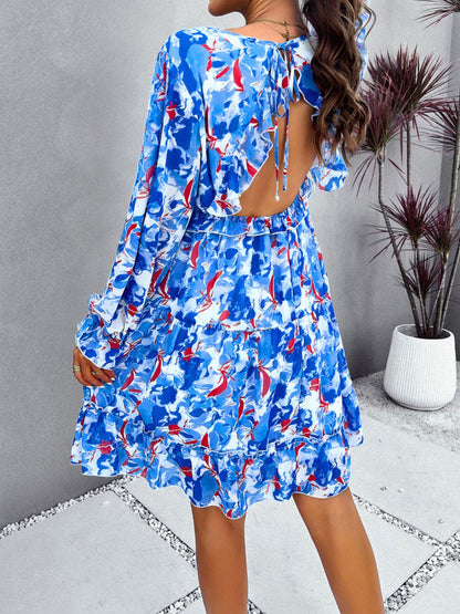 Backless Printed Flounce Dress - Elegant Aura Boutique