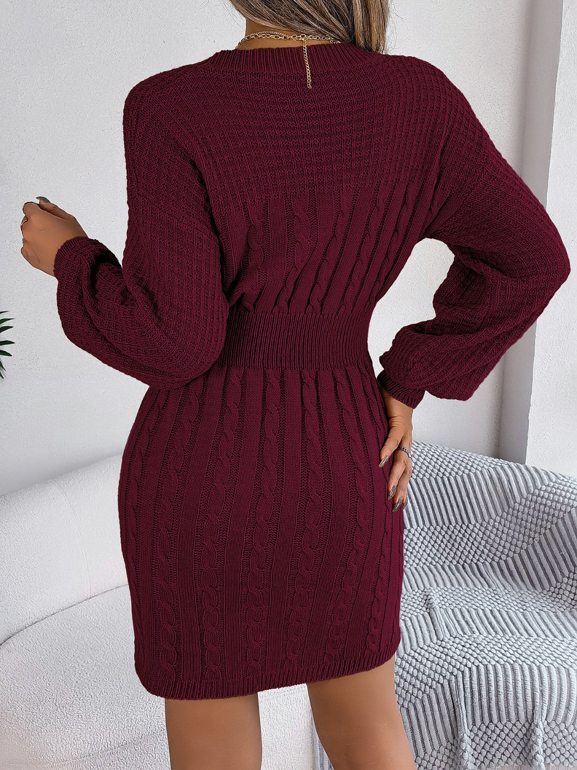 Cable-Knit Cutout Round Neck Slit Dress