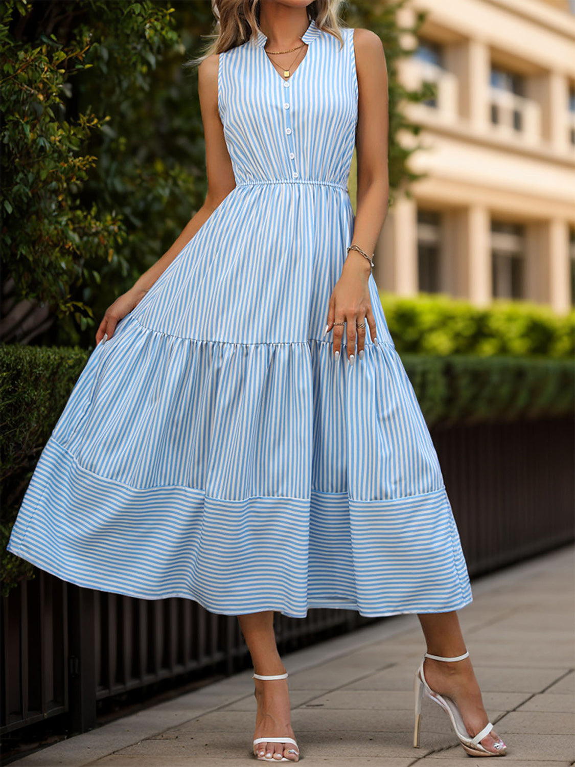 Striped Notched Sleeveless Midi Dress - Elegant Aura Boutique