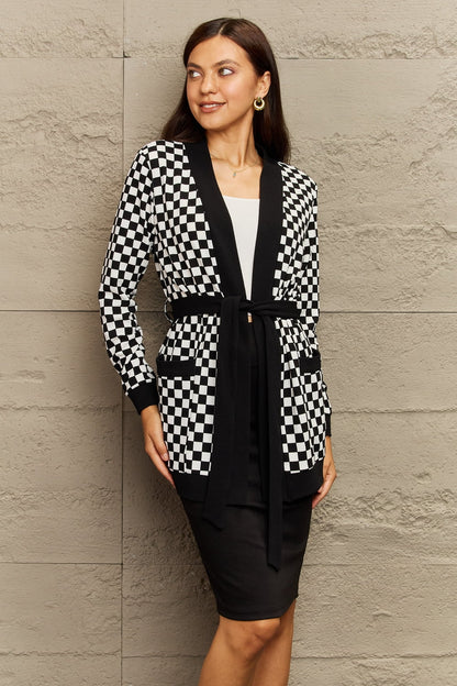 Plaid Tie Pocketed Cardigan