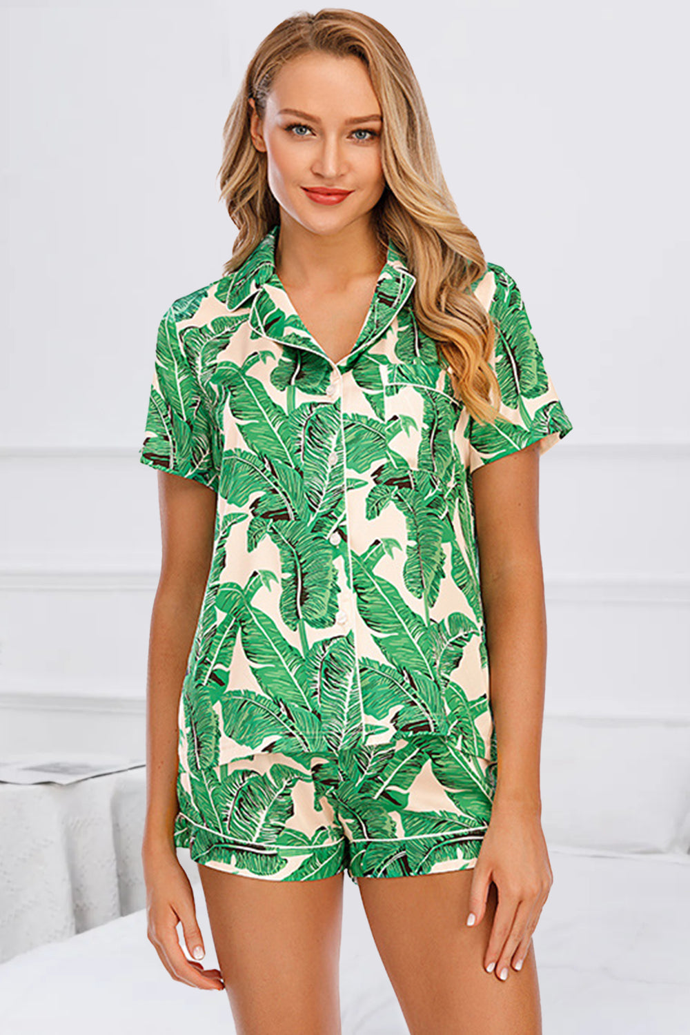 Printed Short Sleeve Top and Shorts Lounge Set - Elegant Aura Boutique