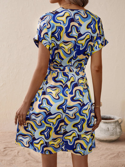 Printed V-Neck Short Sleeve Dress