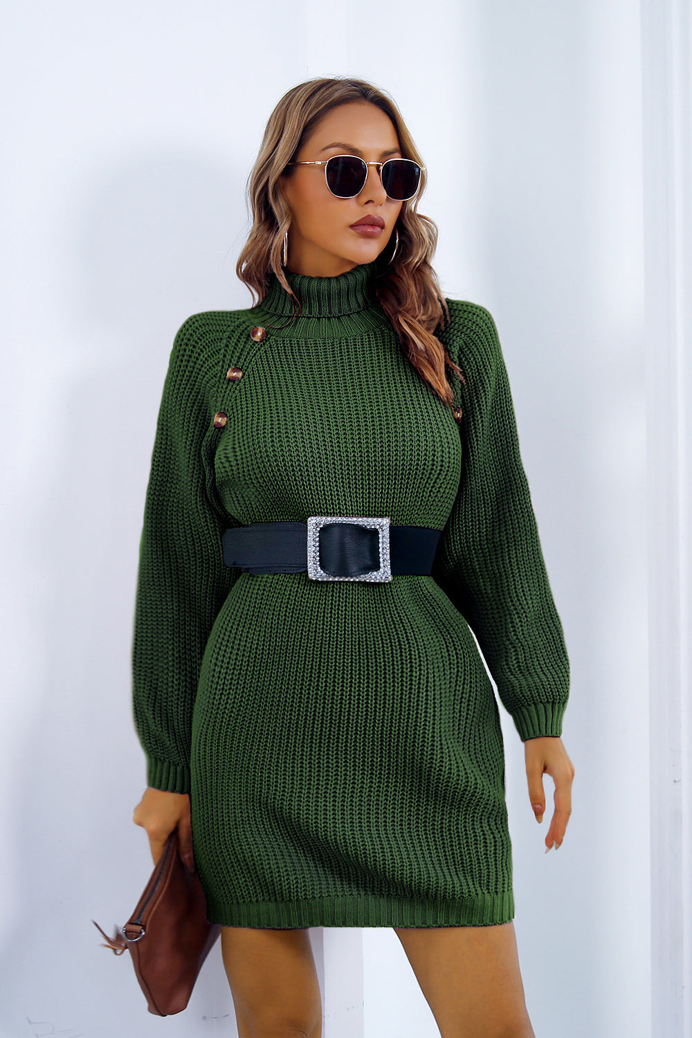 Buttoned Turtleneck Long Sleeve Dress