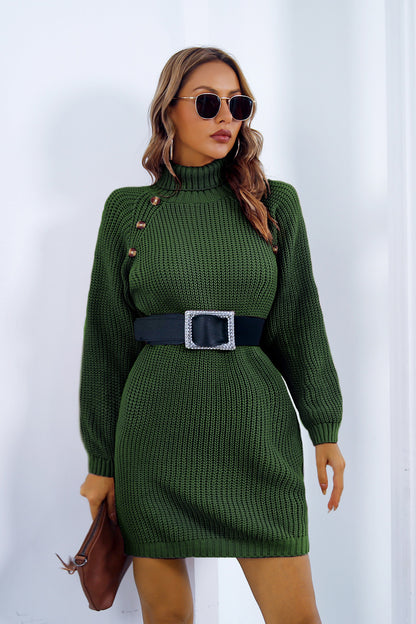 Buttoned Turtleneck Long Sleeve Dress