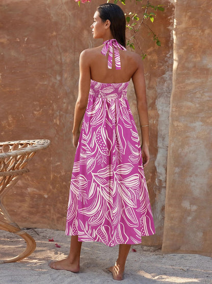 Printed Halter Neck Midi Cami Dress - Elegant Aura Boutique