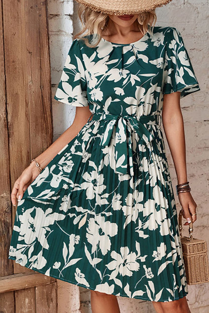 Floral Round Neck Pleated Dress