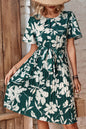 Floral Round Neck Pleated Dress