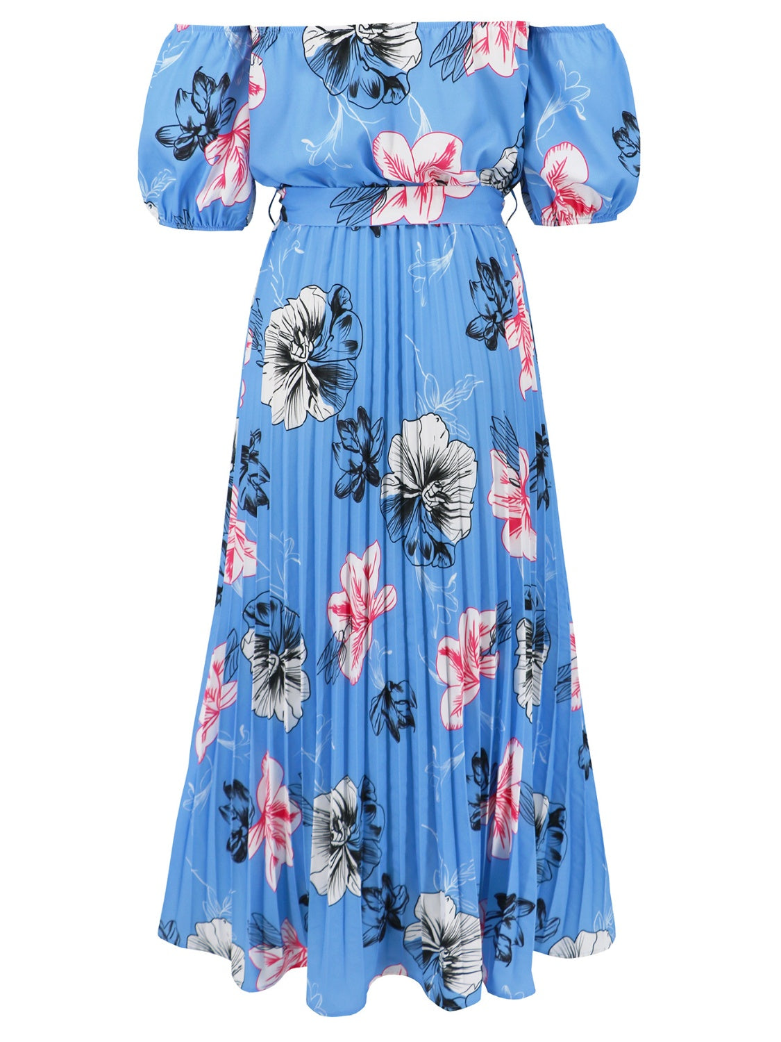 Pleated Floral Off-Shoulder Short Sleeve Midi Dress - Elegant Aura Boutique