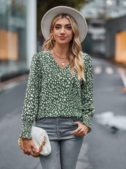 Stylish Printed V-Neck Lantern Sleeve Blouse