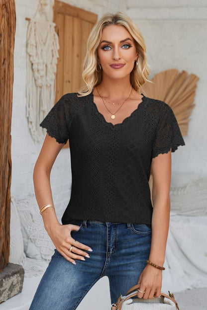 V-Neck Lace Short Sleeve T-Shirt