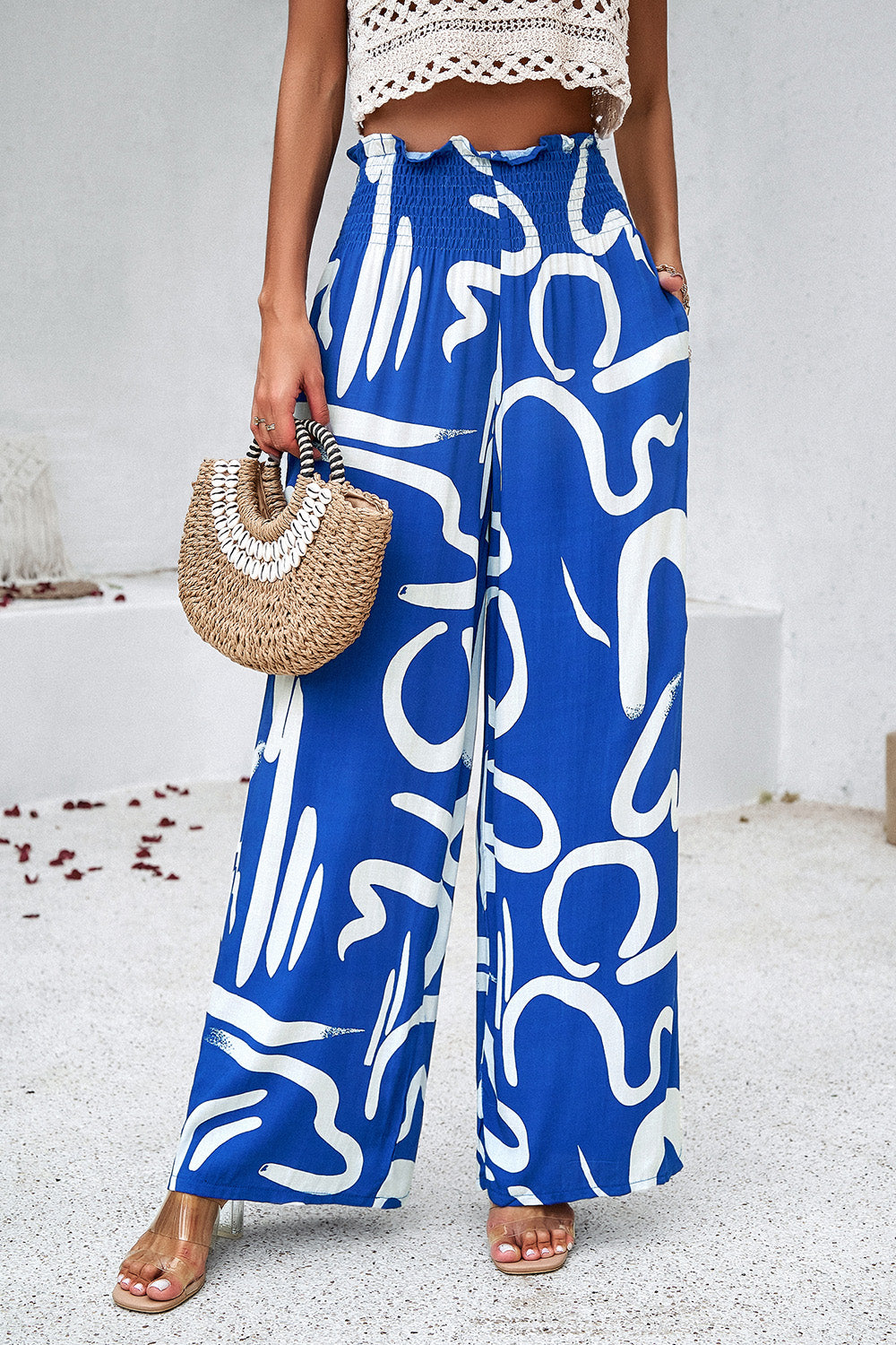 Asymetrical Printed Wide Leg Pants with Pockets - Elegant Aura Boutique