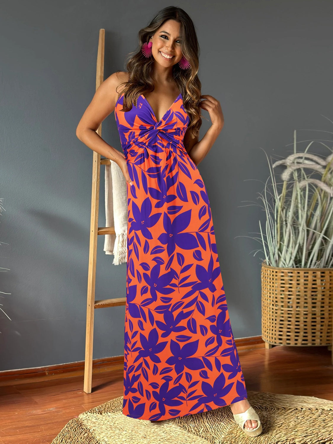 Twisted Printed V-Neck Cami Dress - Elegant Aura Boutique