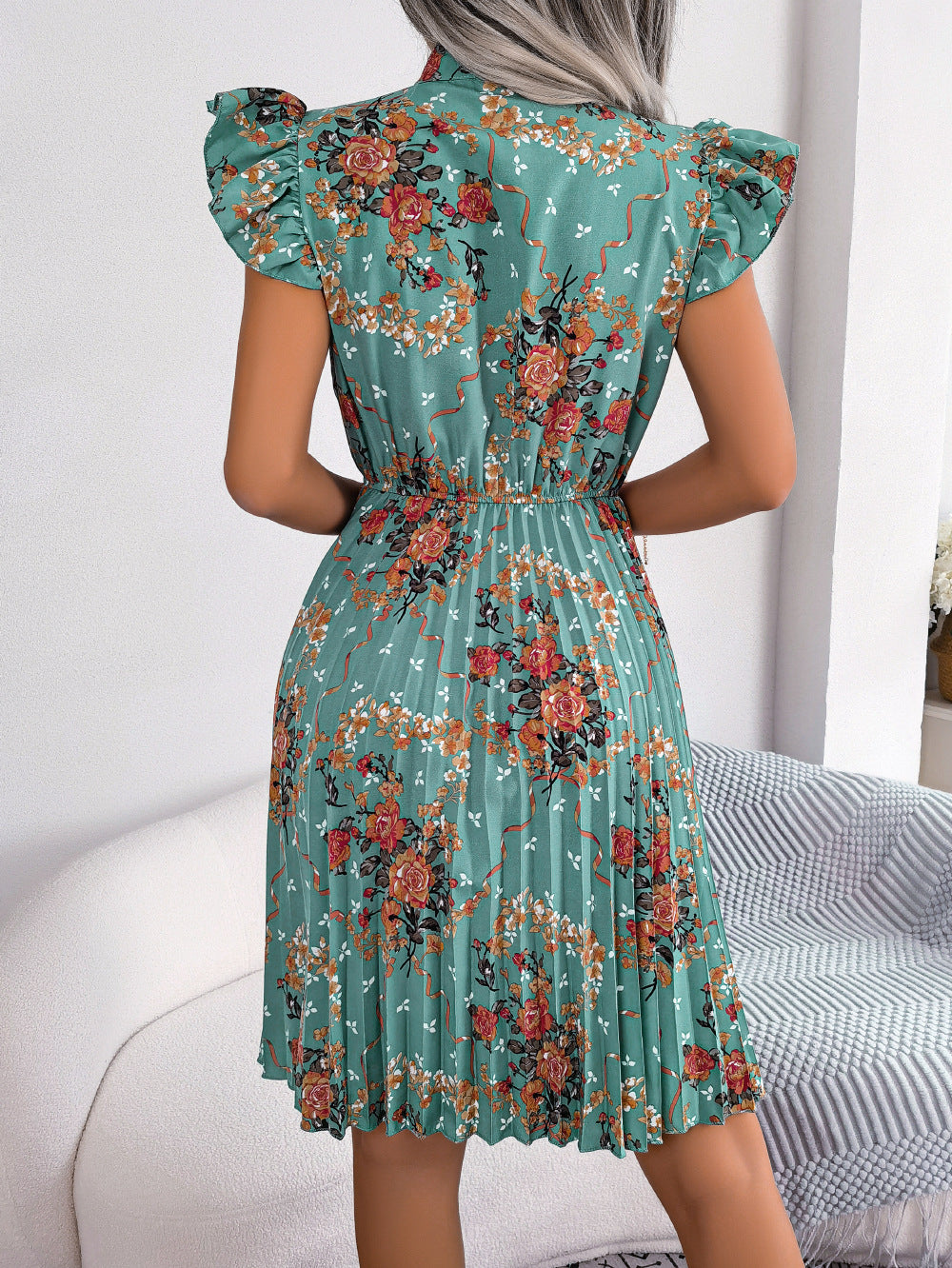 Pleated Floral Printed Dress