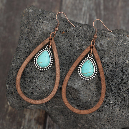 Wooden Turquoise Teardrop Earrings