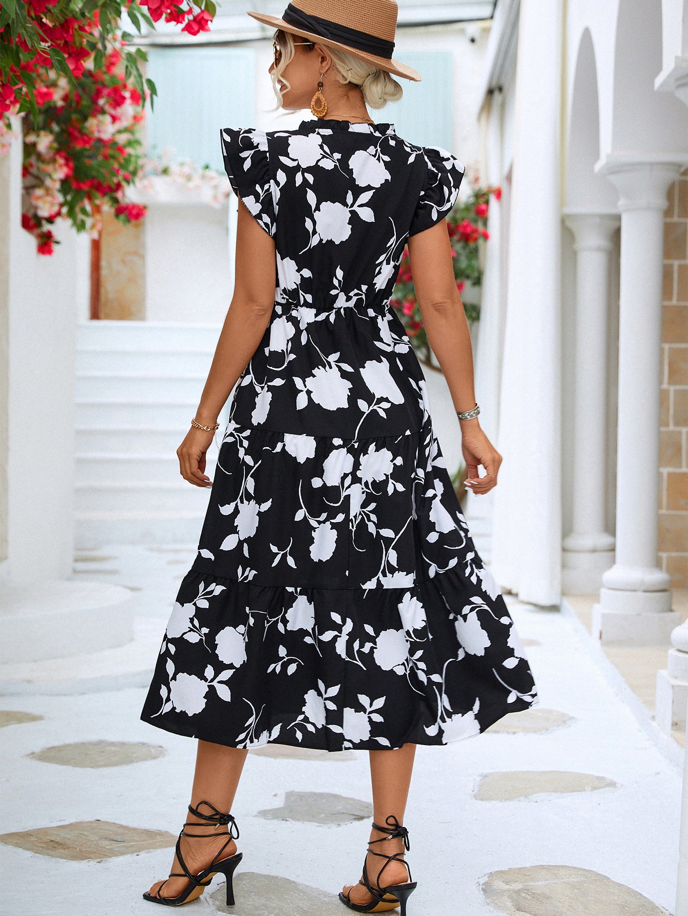 Frill Trim V-Neck Tiered Midi Dress