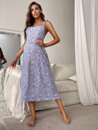 Printed Tie Midi Night Dress - Elegant Aura Boutique