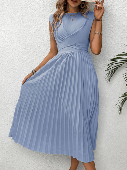 Pleated Round Neck Cap Sleeve Dress - Elegant Aura Boutique