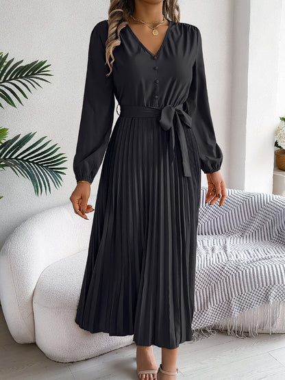 Pleated V-Neck Long Sleeve Dress