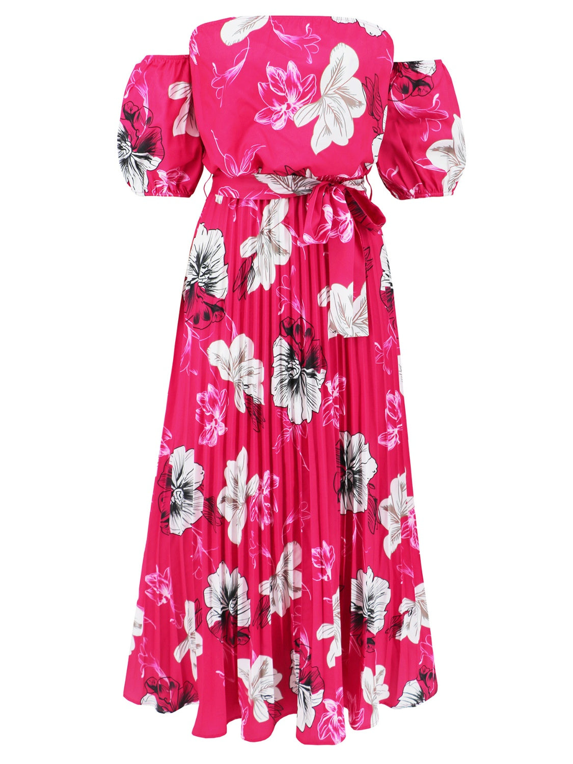 Pleated Floral Off-Shoulder Short Sleeve Midi Dress - Elegant Aura Boutique