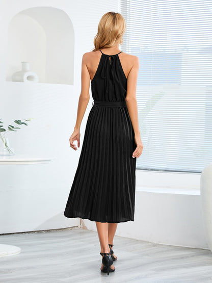 Pleated Tie Waist Midi Dress