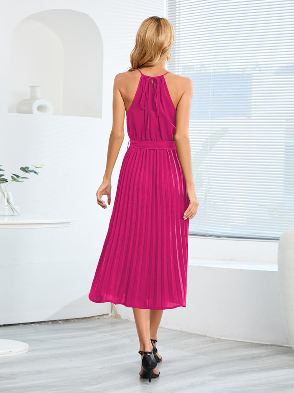 Pleated Tie Waist Midi Dress