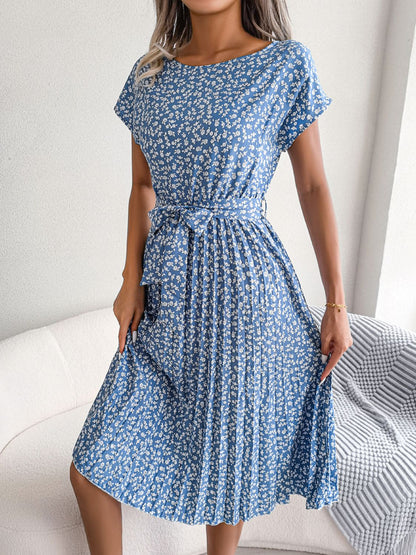 Floral Pleated Belted Dress