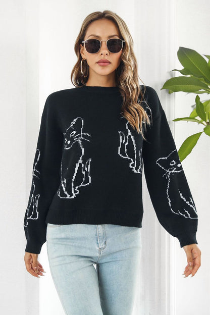 Cat Pattern Round Neck Sweater