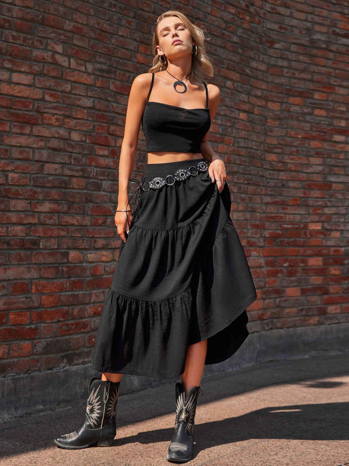 Elastic Waist Tiered Midi Skirt - Elegant Aura Boutique