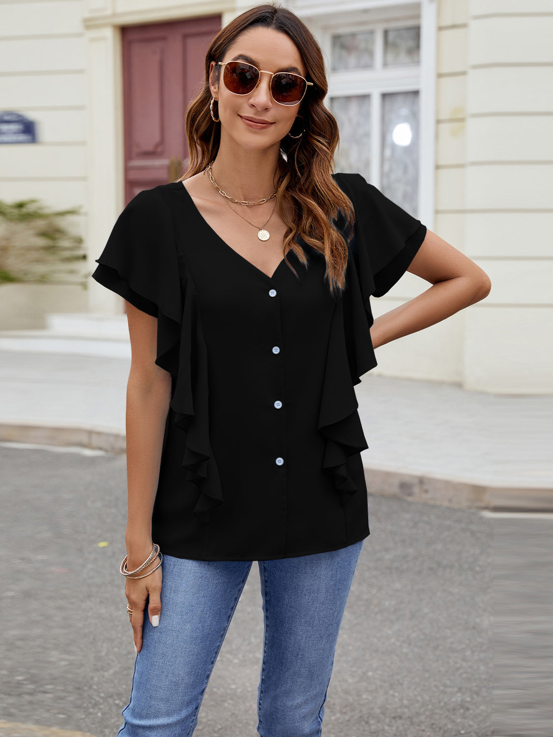 Ruffled Short Sleeve Blouse